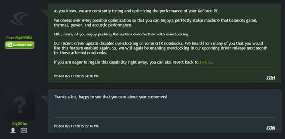 엔비디아가 모바일 GPU '지포스 900M'시리즈의 최신 드라이버에서 걸었던 오버클럭 제한을 다음 버전에서 다시 해제한다고 밝힌 공식 답변 내용 (사진=엔비디아 지포스 포럼 캡쳐) 
