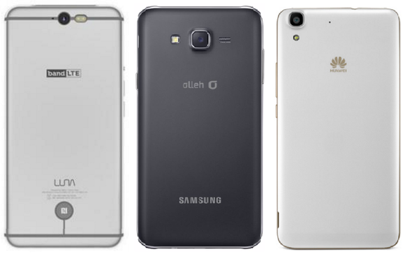 왼쪽부터 SK텔레콤 전용폰 '루나', KT 전용폰 '갤럭시J7', LG유플러스 전용폰 'Y6' (이미지=각사) 