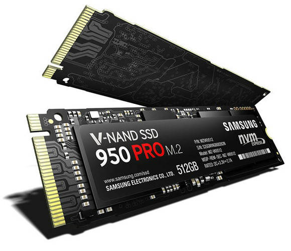 삼성 NVMe SSD: 2015년 발표된 950 Pro M.2 Solid State Drive는 NVMe 표준을 채택하여 2500MB/s의 읽기속도와 1500MB/s의 쓰기속도를 자랑한다 (출처: 삼성전자) 