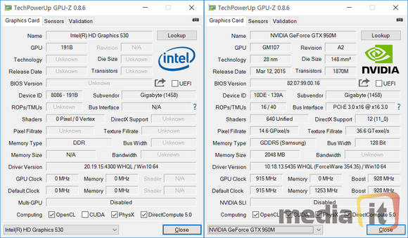 내장 그래픽인 인텔 HD530(왼쪽)와 외장 GPU인 지포스 GTX 950M 