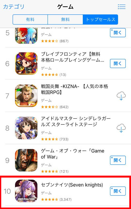 일본 애플앱스토어 순위, 세븐나이츠 매출 10위를 기록하고 있다 