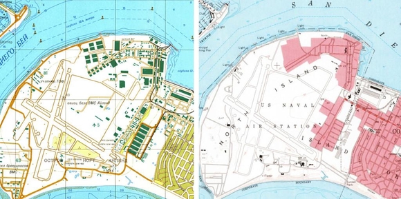  사진은 샌디에고의 미군 기지 지형으로 구 소련군 지도(왼쪽)가 미국 지질조사국의 지도(오른쪽)보다 훨씬 정밀함을 알 수 있다. / public images