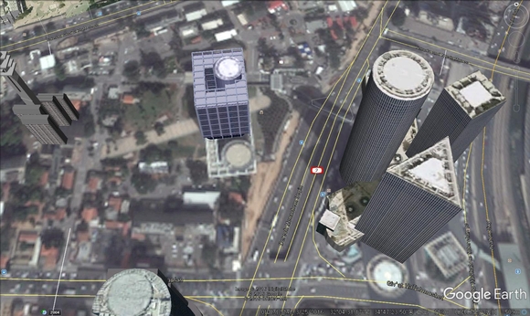 이스라엘 국방부가 표시된 구글어스의 한 장면. 해상도가 매우 낮은 영상지도를 제공하고 있으며, 구글은 지도데이터로 도로나 건물 등을 구현하고 있을 뿐이다. / Google Earth