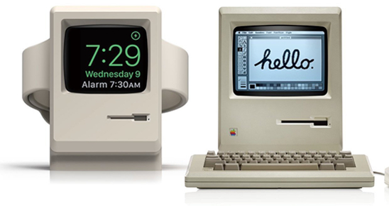 1984년 출시된 애플의 첫 번째 매킨토시 컴퓨터(오른쪽)를 빼닮은 W3 스탠드 포 애플워치1&2(왼쪽). / 엘라고 캡처