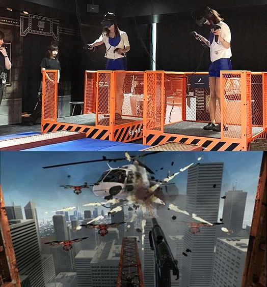 일본 ‘VR 파크 도쿄’에 설치된 미디어프론트의 4D 체감형 VR 어트랙션 ‘VR 고공탈출’의 가동 모습. / 미디어프론트 제공