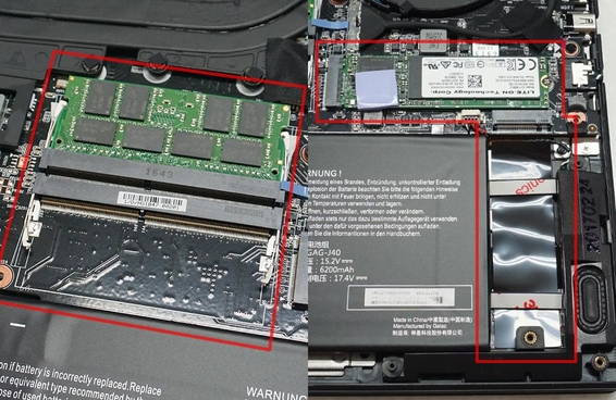 2개의 DDR4 메모리 슬롯(왼쪽)은 최대 32GB까지 확장할 수 있다. 저장장치는 M.2 규격의 SSD를 2개까지 지원한다. / 최용석 기자
