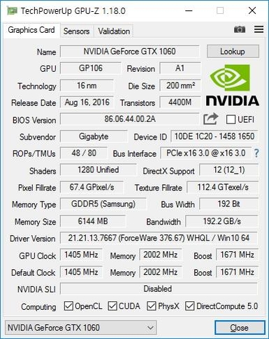 그래픽카드는 6GB의 비디오 메모리를 갖춘 엔비디아 지포스 GTX 1060을 탑재했다. / 최용석 기자