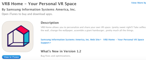 VRB가 출시한 앱 ‘VRB 홈' 설명서에는 VRB이 '삼성 리서치 아메리카 소속 부서(a division of Samsung Research America, Inc)'라고 표기돼 있다. / 앱스토어 갈무리