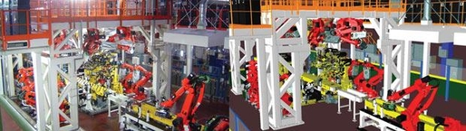 실제 로봇 암 생산공장(사진왼쪽)을 바탕으로 만든 디지털 트윈에서 시뮬레이션을 수행하는 모습. / 지멘스 제공