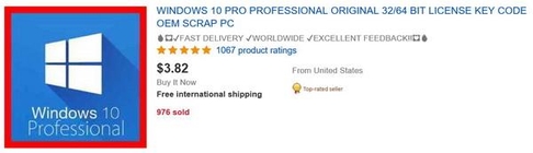 이베이에서 3.82달러에 판매 중인 윈도 10 프로 버전의 라이선스 키. / 이베이 갈무리