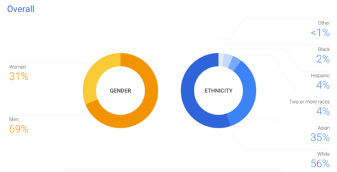 구글이 1월 발표한 다양성 보고서 모습. 구글에 근무하는 직원 중 남성은 69%, 여성은 31%다. / 구글 홈페이지 갈무리