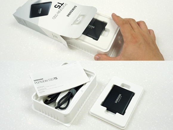 삼성 휴대용 SSD T5의 제품 패키지는 스마트폰 제품을 연상시키는 이중 구조로 되어 있다. / 최용석 기자