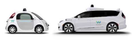 구글 웨이모의 자체 제작 자율주행 테스트 차량 ‘파이어플라이’(왼쪽)와 크라이슬러의 퍼시피카 미니밴. / 웨이모 블로그 갈무리