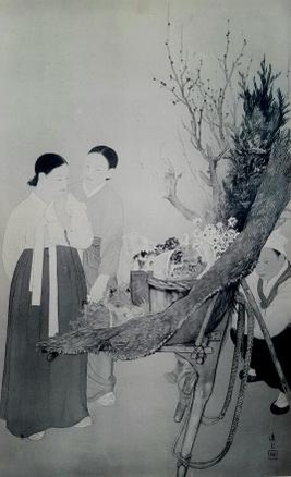 1937년 제16회 조선미술전람회 특선작 우노사타로(宇野佐太郞)의 ‘조선풍속-봄날 꽃장수’. 원작은 소실된 것으로 보인다.