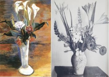 제11회 조선미전 출품작 ‘칼라(Calla),1932, 이인성’(왼쪽)와 제16회 조선미전에 출품된 ‘꽃(花), 1937년, 田村淸治郞’.