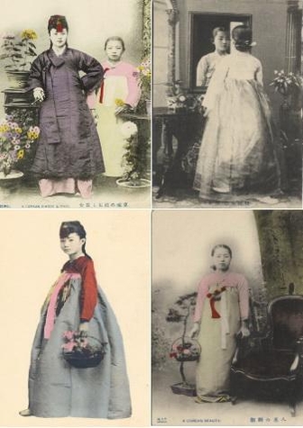 일제시대 조선의 풍속사진에 등장하는 기생과 한복차림의 여인들. 꽃바구니를 들고 있거나 분화를 배경으로 배치한 사진들이 많다.