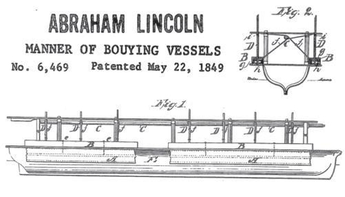 링컨 대통령의 유년기 뱃사공 시절 경험이 녹아 있는 특허 도면. 이물과 고물 쪽에 부양용 공기주머니를 달아 그 부력을 이용, 배를 띄우는 방식이다. 링컨은 이 특허를 대통령 취임 12년 전인 1849년 취득했다. / USPTO 제공
