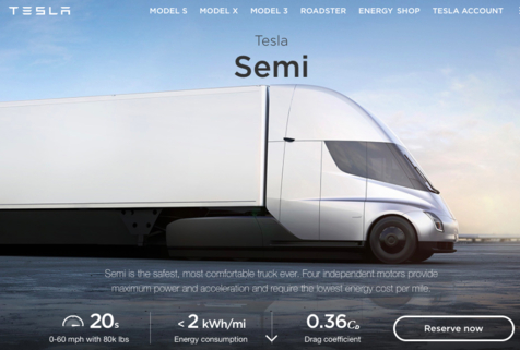 미국 전기차 업체 테슬라의 전기 트럭 ‘세미(Semi)’ / 테슬라 홈페이지 갈무리