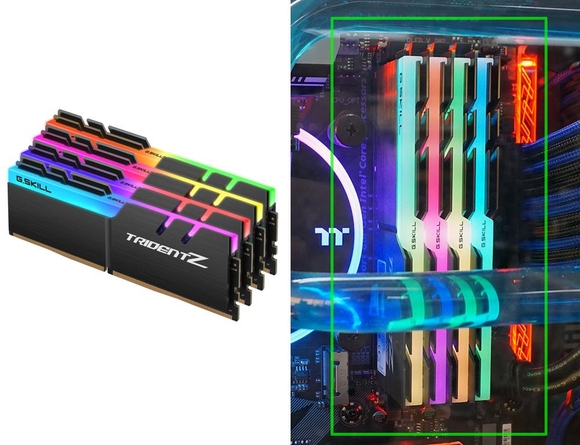 IT조선 커스텀 수냉PC에 사용된 고성능 튜닝 메모리 ‘지스킬 트라이던트 Z RGB’와 장착한 모습(오른쪽). / 최용석 기자