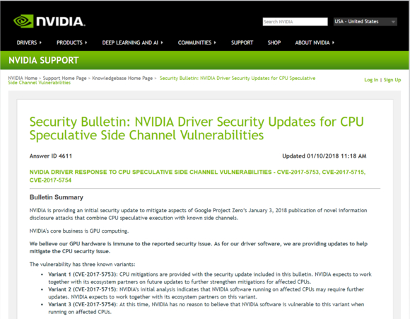 엔비디아가 자사 GPU용 드라이버에 CPU 스펙터 결함에 대한 업데이트를 추가했다. / 엔비디아 보안 공지 갈무리