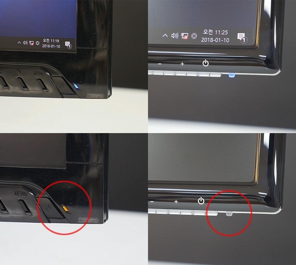 일반 모니터의 경우 PC 전원을 끄면 대기모드(사진 왼쪽 아래)로 전환되지만, 그린 스위치 기능이 활성화된 삼보 TGL 6100L 모니터(오른쪽 아래)는 전원이 완전히 꺼진다. / 최용석 기자