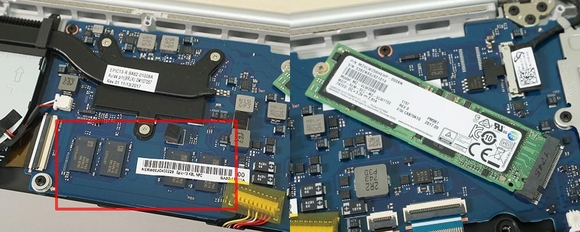 메인 메모리(왼쪽 네모 박스)는 보드와 일체형으로 업그레이드가 불가능하다. SSD(오른쪽)는 일반 M.2형 제품으로 교체 및 업그레이드가 가능하다. / 최용석 기자