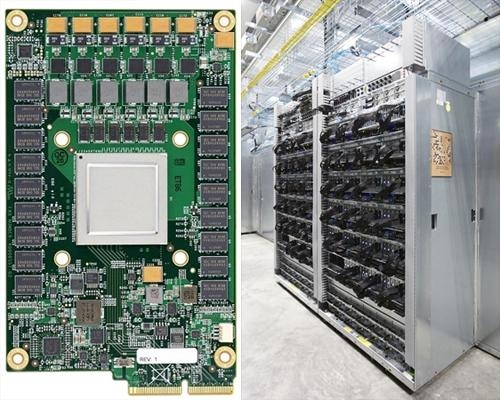 구글이 자체 개발한 TPU(왼쪽)와 이세돌과 대국했던 알파고 시스템 (오른쪽). TPU는 CPU와 함께 핵심 역할을 했다. / 구글 갈무리