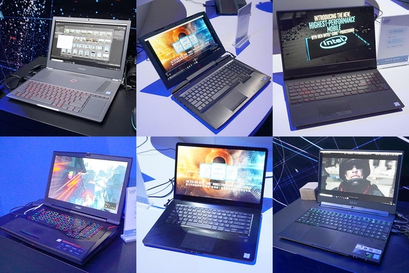 3일 발표회에서 공개된 인텔 8세대 프로세서 탑재 노트북 제품들(왼쪽 위부터 시계방향으로 삼성, HP, 레노버, 기가바이트, 에이수스, MSI 제품). / 베이징=최용석 기자