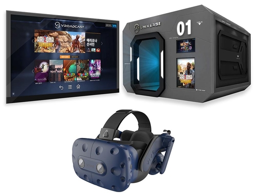 VR 콘텐츠 전문기업 브로틴이 ‘서울 VR·AR 엑스포’에서 자사 부스 체험 공간(사진 위)을 통해 ‘HTC 바이브 프로’(사진 아래)를 체험할 수 있는 기회를 제공한다. / 브로틴 제공