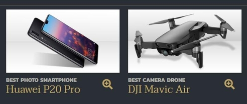 TIPA 어워드 2018에서 카메라 스마트폰, 항공 촬영 드론 최고상을 각각 획득한 화웨이 P20(왼쪽)과 DJI 매빅 에어. / TIPA 홈페이지 갈무리