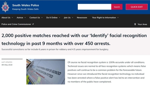 얼굴 인식 기능 정확도 관련 영국 사우스웨일즈 경찰의 해명 자료. / 영국 사우스웨일즈 경찰 홈페이지 갈무리