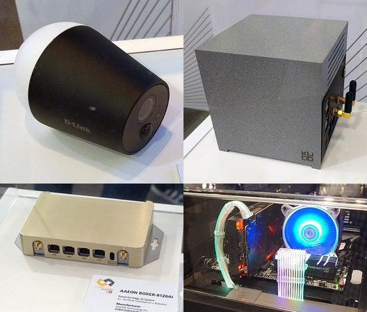 (왼쪽 위부터 시계방향으로) 디링크의 LTE 카메라, KUBB의 큐브형 미니PC, 리안리의 PC용 RGB 전원 케이블, AAEON의 초소형 산업용 인공지능 컴퓨터. / 대만 타이베이=최용석 기자