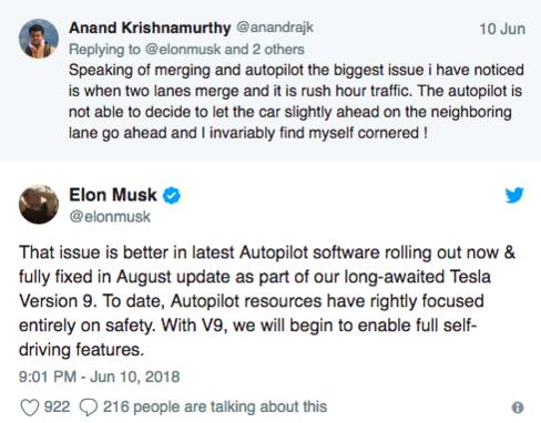 일론 머스크 테슬라 CEO가 완전 자율 주행을 지원하는 ‘오토파일럿 버전9’을 오는 8월 선보일 것을 약속하는 트윗. / 트위터 갈무리