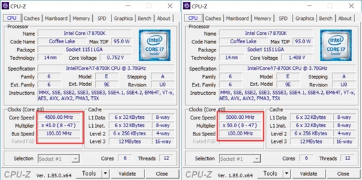 인텔 코어 i7-8700K 프로세서의 오버클럭 전(왼쪽)과 후의 CPU-Z 정보 화면. 오버클럭 적용 후 배수를 조절해 최대 작동속도를 4.7GHz에서 5GHz까지 높였다. / 최용석 기자