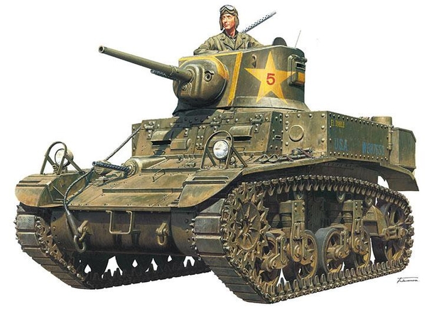 M3 스튜어트 경전차 후기형 프라모델 패키지 일러스트. / 타미야 제공