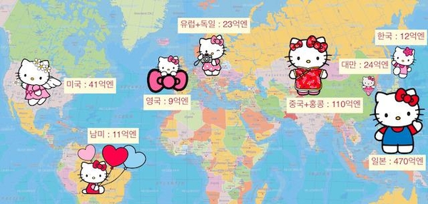 2017년 헬로키티 전 세계 매출 지도. / 김형원 기자