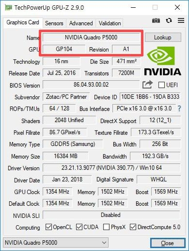 ZBOX QK7P5000에 탑재된 쿼드로 P5000의 정보. / 최용석 기자