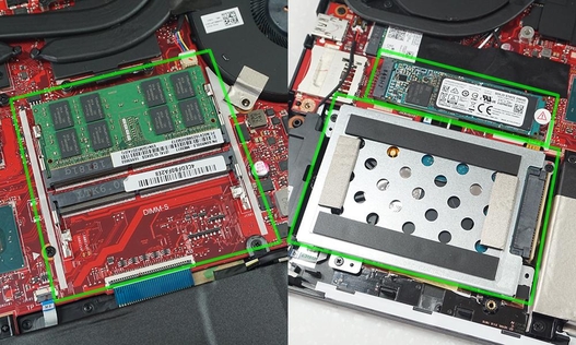 확장 가능한 2개의 DDR4 메모리 슬롯(왼쪽)과 M.2 SSD+SATA HDD의 듀얼 스토리지 구성. / 최용석 기자