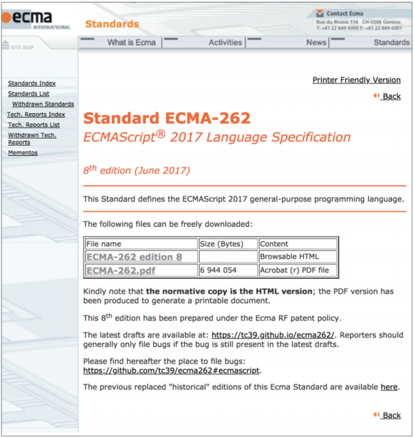 ECMA-262. / ECMA 홈페이지 갈무리