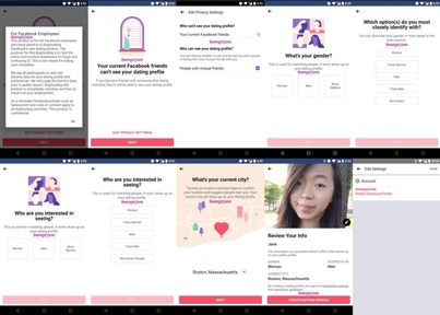 페이스북 데이팅 앱 가입 과정. / 제인 만춘 웡 트위터 갈무리