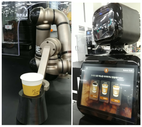 국내 로봇 개발사 ‘퓨처로봇’이 개발한 자동 주문 로봇 ‘엘리(ELLY)’. 상품을 선택하고 결제를 마치면 로봇팔이 자동으로 커피를 꺼내준다. 퓨처로봇에 따르면 이 제품은 향후 전자랜드가 자사 브랜드로 판매할 계획이다. / 미디어클라우드 앱