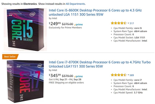 국내보다 싼 가격을 이유로 PC 부품들의 해외 직구가 빠르게 확산되고 있다. 미국 아마존에서 판매 중인 인텔 8세대 CPU 제품군. / 아마존 갈무리