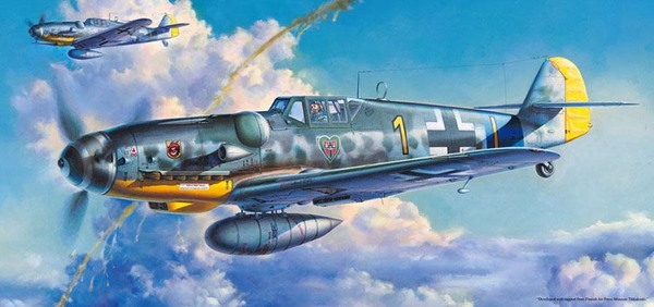 48분의 1스케일 Bf109G-6 전투기 프라모델 박스 일러스트. 독일 공군 최고 에이스로 무려 352대의 격추기록을 세운 에리히 하르트만의 마크가 들어있다. / 타미야 제공
