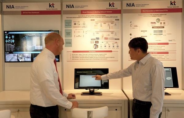 네덜란드 헤이그 SDN NFV 월드 콩그레스 행사장에서 KT 직원이 관람객에게 솔루션을 소개하고 있다. / KT 제공
