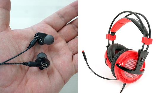 게이밍 이어폰(왼쪽)은 일반 헤드폰형 게이밍 헤드셋과 비교해 작고 가벼워 장시간 착용해도 부담이 적다. / 최용석 기자