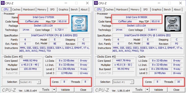 인텔 9세대 코어 i9-9900K(오른쪽)와 i7-9700K의 CPU-Z 정보. / 최용석 기자