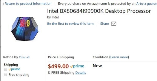 제품 발표 초기 아마존에서 예약판매를 시작한 인텔 코어 i9-9900K의 모습. / 아마존 갈무리