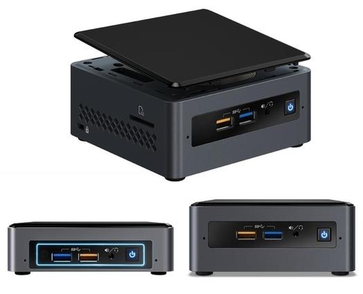 8세대 코어 프로세서를 탑재한 인텔 NUC 미니PC. M.2 SSD만 장착할 수 있는 ‘K’ 모델(왼쪽 아래)과 2.5인치 HDD 또는 SSD를 지원하는 ‘H’모델(오른쪽 아래). / 인텔 제공