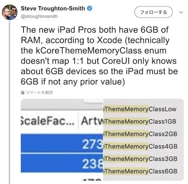 iOS 개발자 스티브의 주장에 따르면 신형 아이패드 프로는 1테라바이트 모델에 한해 메인 메모리 용량이 6GB다. / 트위터 갈무리