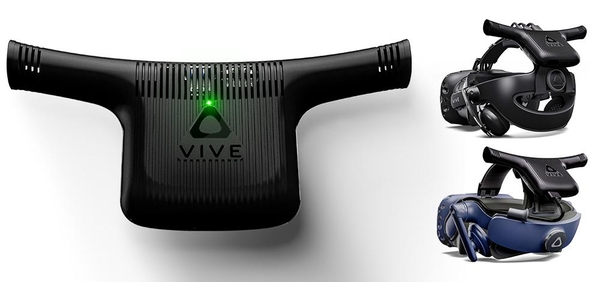 바이브용 무선 어댑터(왼쪽)과 바이브 및 바이브 프로 헤드셋에 장착한 모습. / HTC 제공